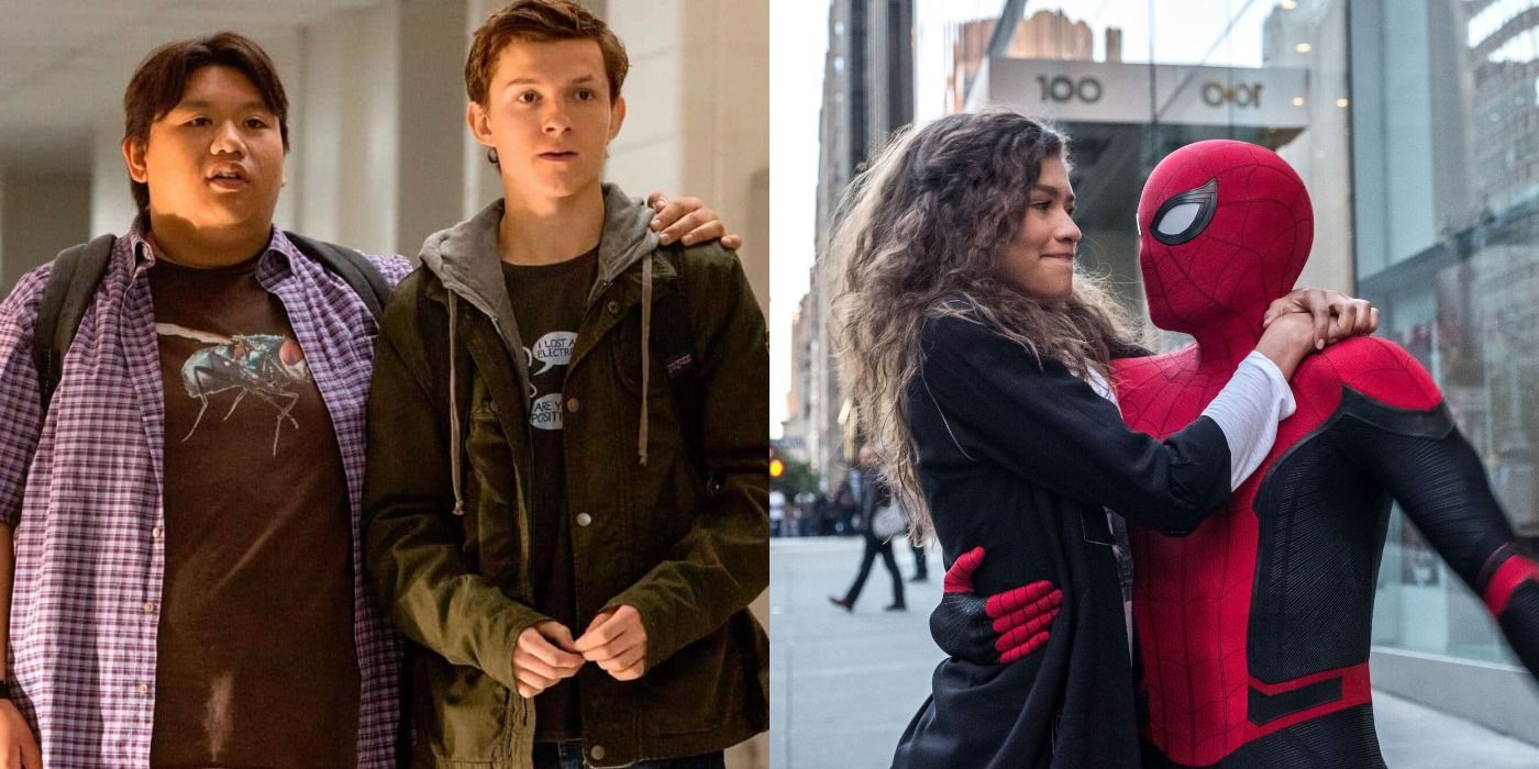 Split image of Peter and Ned, and Spider-Man and MJ